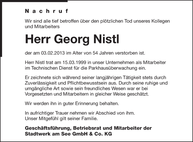  Traueranzeige für Georg Nistl vom 08.02.2013 aus Schwäbische Zeitung