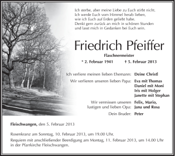 Anzeige von Friedrich Pfeiffer von Schwäbische Zeitung