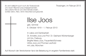 Anzeige von Ilse Joos von Schwäbische Zeitung