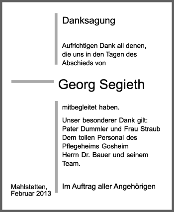 Anzeige von Georg Segieth von Schwäbische Zeitung