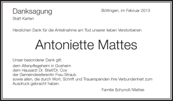 Anzeige von Antoniette Mattes von Schwäbische Zeitung