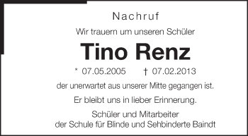 Anzeige von Tino Renz von Schwäbische Zeitung