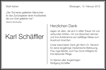 Anzeige von Karl Schäffler von Schwäbische Zeitung