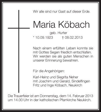 Anzeige von Maria Köbach von Schwäbische Zeitung