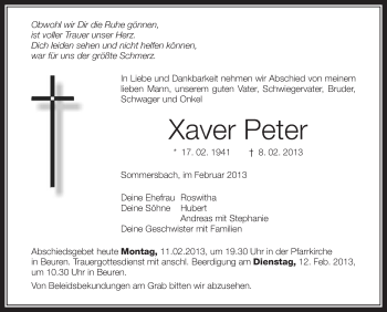 Anzeige von Xaver Peter von Schwäbische Zeitung