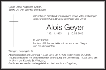 Anzeige von Alois Geyer von Schwäbische Zeitung