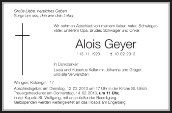 Anzeige von Alois Geyer von Schwäbische Zeitung