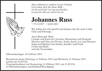 Anzeige von Johannes Russ von Schwäbische Zeitung