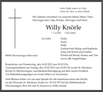 Anzeige von Willy Knörle von Schwäbische Zeitung