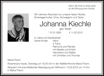 Anzeige von Johanna Kiechle von Schwäbische Zeitung