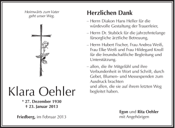 Anzeige von Klara Oehler von Schwäbische Zeitung