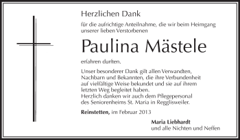 Anzeige von Paulina Mästele von Schwäbische Zeitung