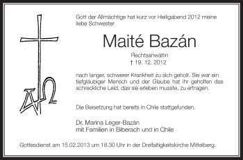 Anzeige von Maite Bazan von Schwäbische Zeitung