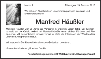 Anzeige von Manfred Häußler von Schwäbische Zeitung