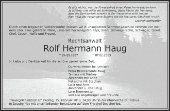 Anzeige von Rolf Hermann Haug von Schwäbische Zeitung