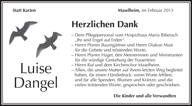  Traueranzeige für Luise Dangel vom 15.02.2013 aus Schwäbische Zeitung