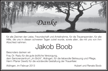 Anzeige von Jakob Boob von Schwäbische Zeitung