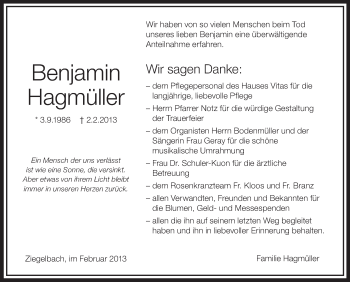 Anzeige von Benjamin Hagmüller von Schwäbische Zeitung