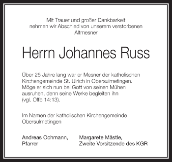Anzeige von Johannes Russ von Schwäbische Zeitung
