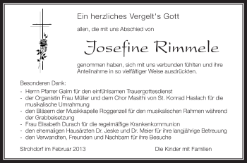 Anzeige von Josefine Rimmele von Schwäbische Zeitung
