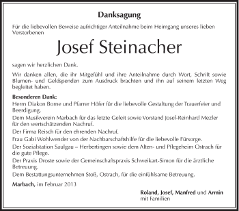 Anzeige von Josef Steinacher von Schwäbische Zeitung