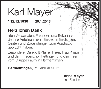Anzeige von Karl Mayer von Schwäbische Zeitung