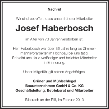 Anzeige von Josef Haberbosch von Schwäbische Zeitung