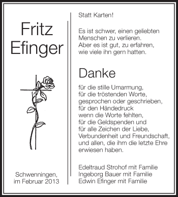 Anzeige von Fritz Efinger von Schwäbische Zeitung