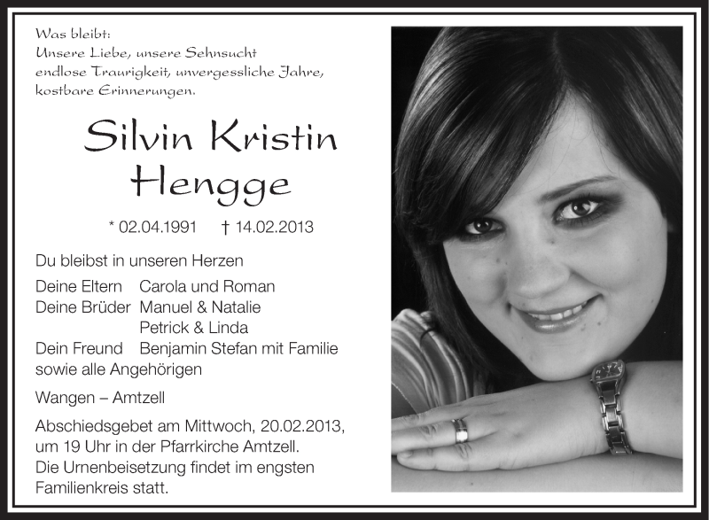  Traueranzeige für Silvin Kristin Hengge vom 18.02.2013 aus Schwäbische Zeitung