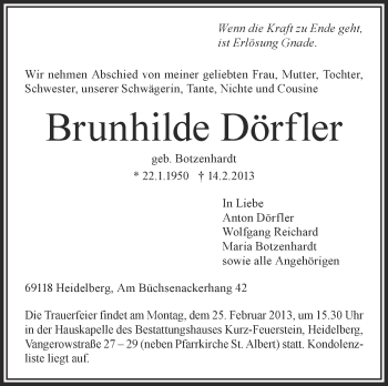 Anzeige von Brunhilde Dörfler von Schwäbische Zeitung