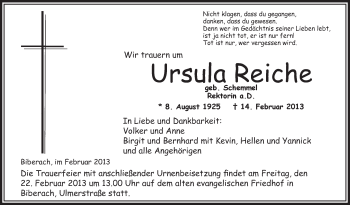 Anzeige von Ursula Reiche von Schwäbische Zeitung