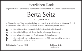 Anzeige von Berta Seitz von Schwäbische Zeitung