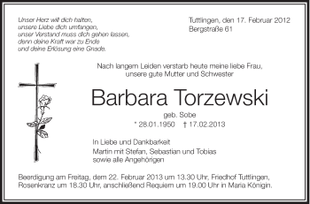 Anzeige von Barbara Torzewski von Schwäbische Zeitung