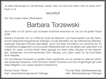 Anzeige von Barbara Torzewski von Schwäbische Zeitung