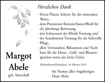 Anzeige von Margot Abele von Schwäbische Zeitung