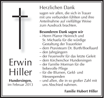 Anzeige von Erwin Hiller von Schwäbische Zeitung
