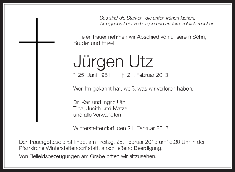  Traueranzeige für Jürgen Utz vom 23.02.2013 aus Schwäbische Zeitung