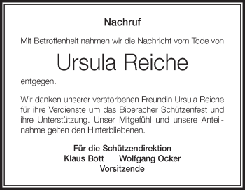 Anzeige von Ursula Reiche von Schwäbische Zeitung