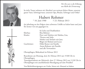Anzeige von Hubert Rohmer von Schwäbische Zeitung