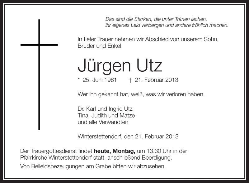  Traueranzeige für Jürgen Utz vom 25.02.2013 aus Schwäbische Zeitung