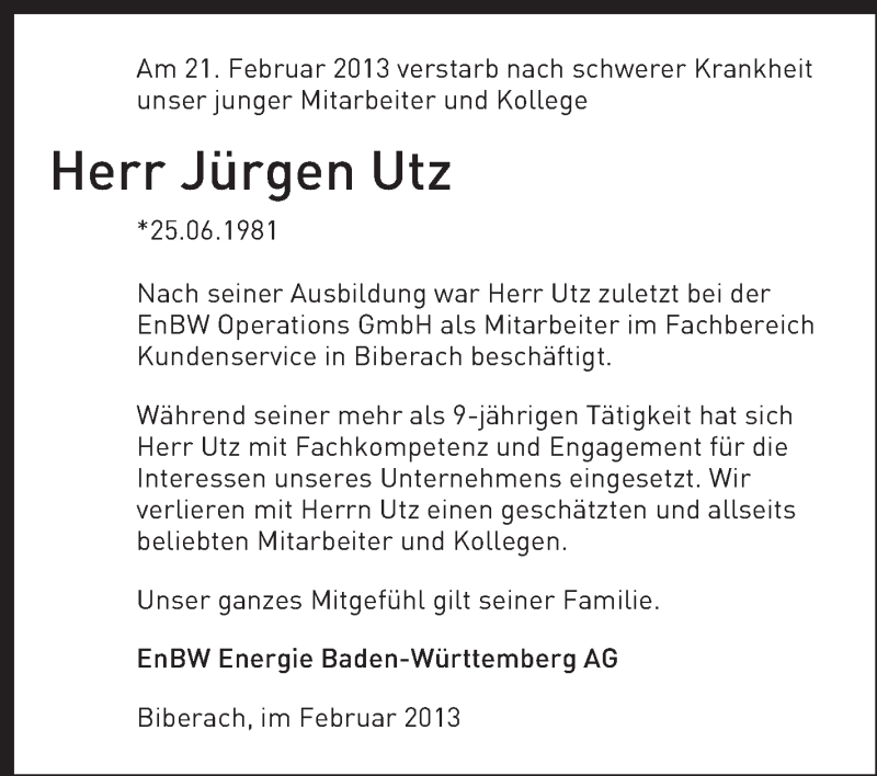  Traueranzeige für Jürgen Utz vom 26.02.2013 aus Schwäbische Zeitung