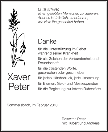 Anzeige von Xaver Peter von Schwäbische Zeitung