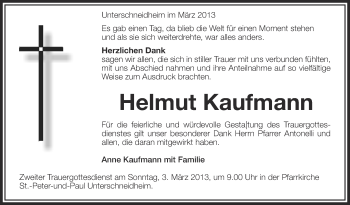 Anzeige von Helmut Kaufmann von Schwäbische Zeitung