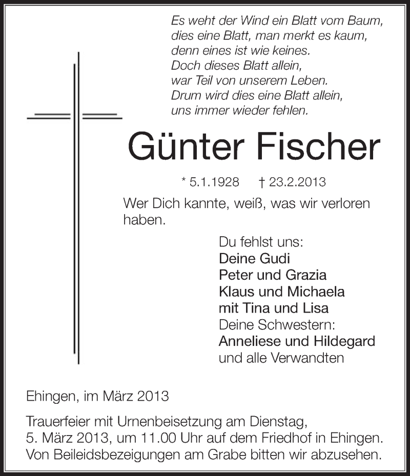  Traueranzeige für Günter Fischer vom 01.03.2013 aus Schwäbische Zeitung