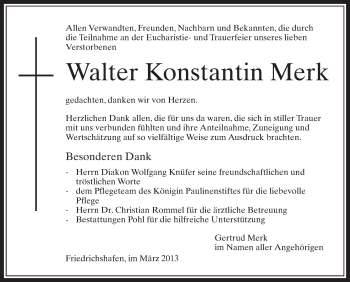 Anzeige von Walter Konstantin Merk von Schwäbische Zeitung