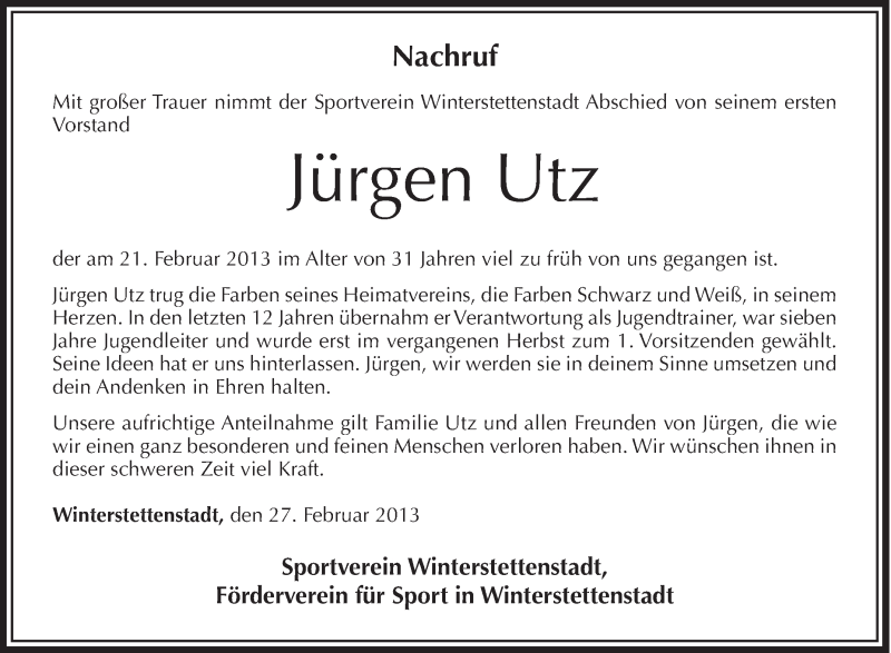  Traueranzeige für Jürgen Utz vom 28.02.2013 aus Schwäbische Zeitung