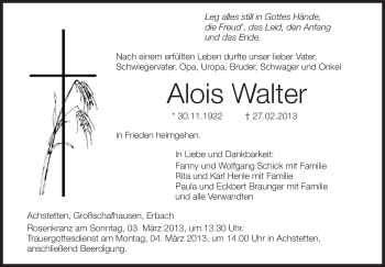 Anzeige von Alois Walter von Schwäbische Zeitung