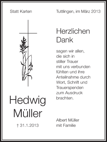 Anzeige von Hedwig Müller von Schwäbische Zeitung
