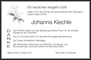 Anzeige von Johanna Kiechle von Schwäbische Zeitung