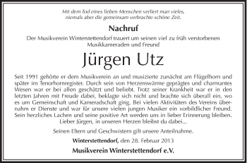 Anzeige von Jürgen Utz von Schwäbische Zeitung